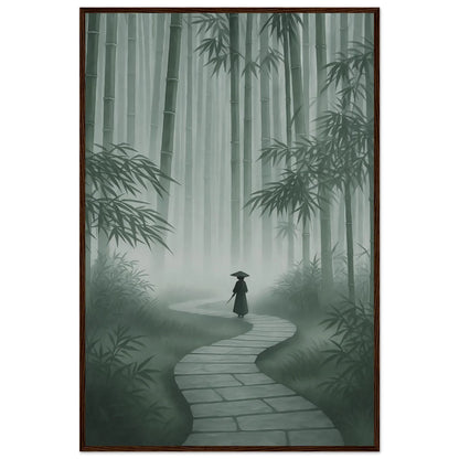 Framed artwork of the calm bamboo forest scene in soft grey-green tones with morning mist