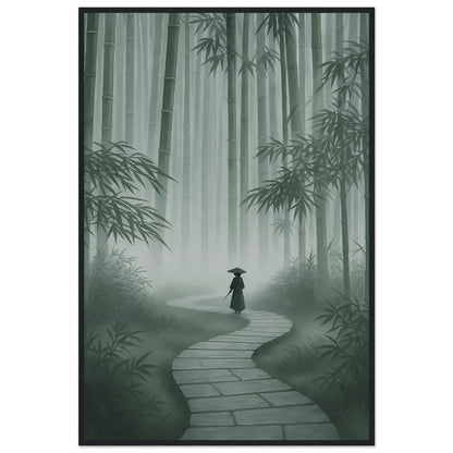 Path Of Silence zen nature framed wall art with a stone path through misty green bamboo to a distant figure, in a wooden frame