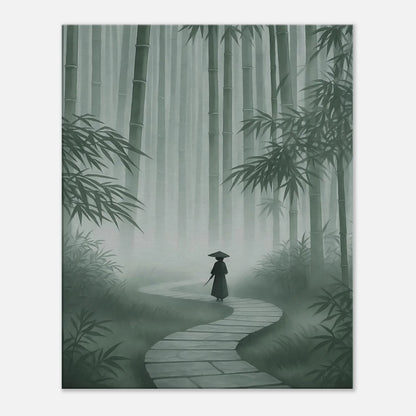 Path Of Silence Japanese bamboo forest canvas wall art with a stone path leading through misty green bamboo to a distant figure