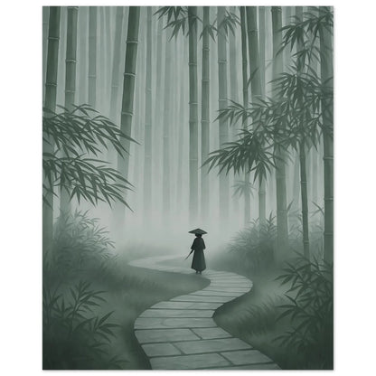 Path Of Silence bamboo forest poster displayed on the wall of a japandi interior