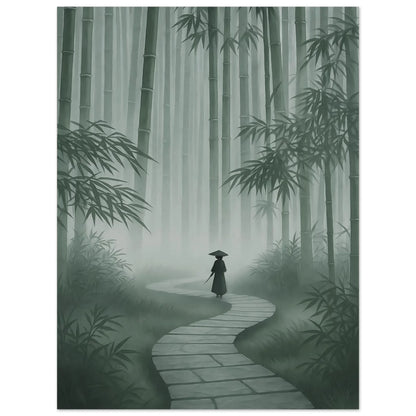 Minimalist Japanese bamboo forest art poster in soft grey-green tones with morning mist