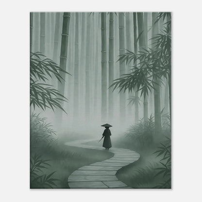 Minimalist Japanese bamboo forest canvas in soft grey-green tones with layers of morning mist
