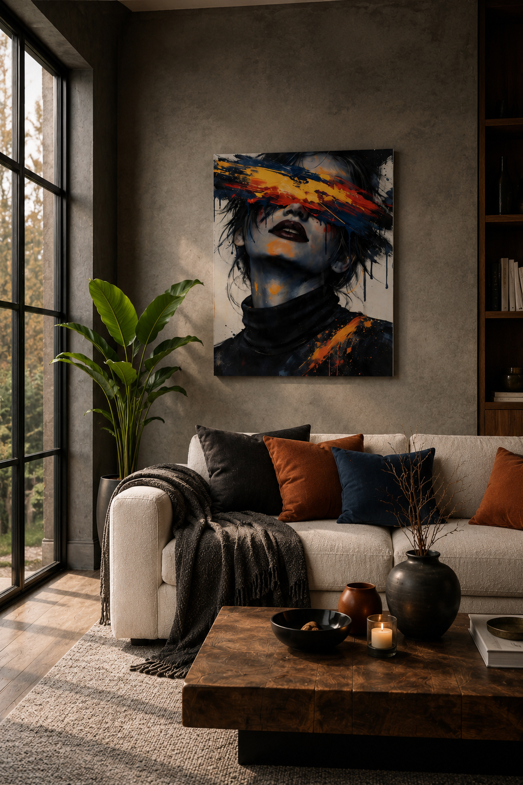 Bright modern lounge with floor-to-ceiling windows, cream sofa, indoor plants, and abstract portrait canvas wall decor.