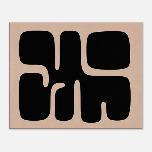 Modern organic abstract canvas wall art featuring bold black shapes on a warm neutral background