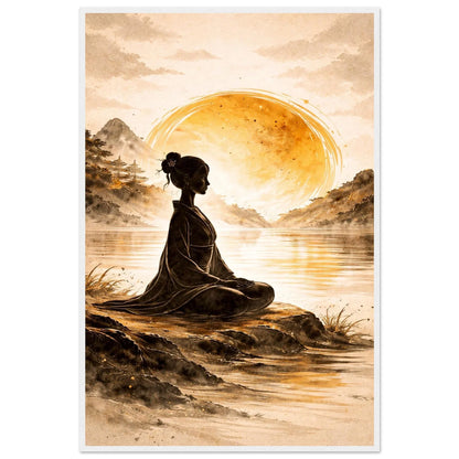 Quiet Mind framed print on premium matte paper showing the meditation scene in warm neutral tones