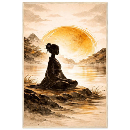 Quiet Mind minimalist aesthetic framed wall art of a woman meditating below a large golden sun by a calm lake, in a wooden frame