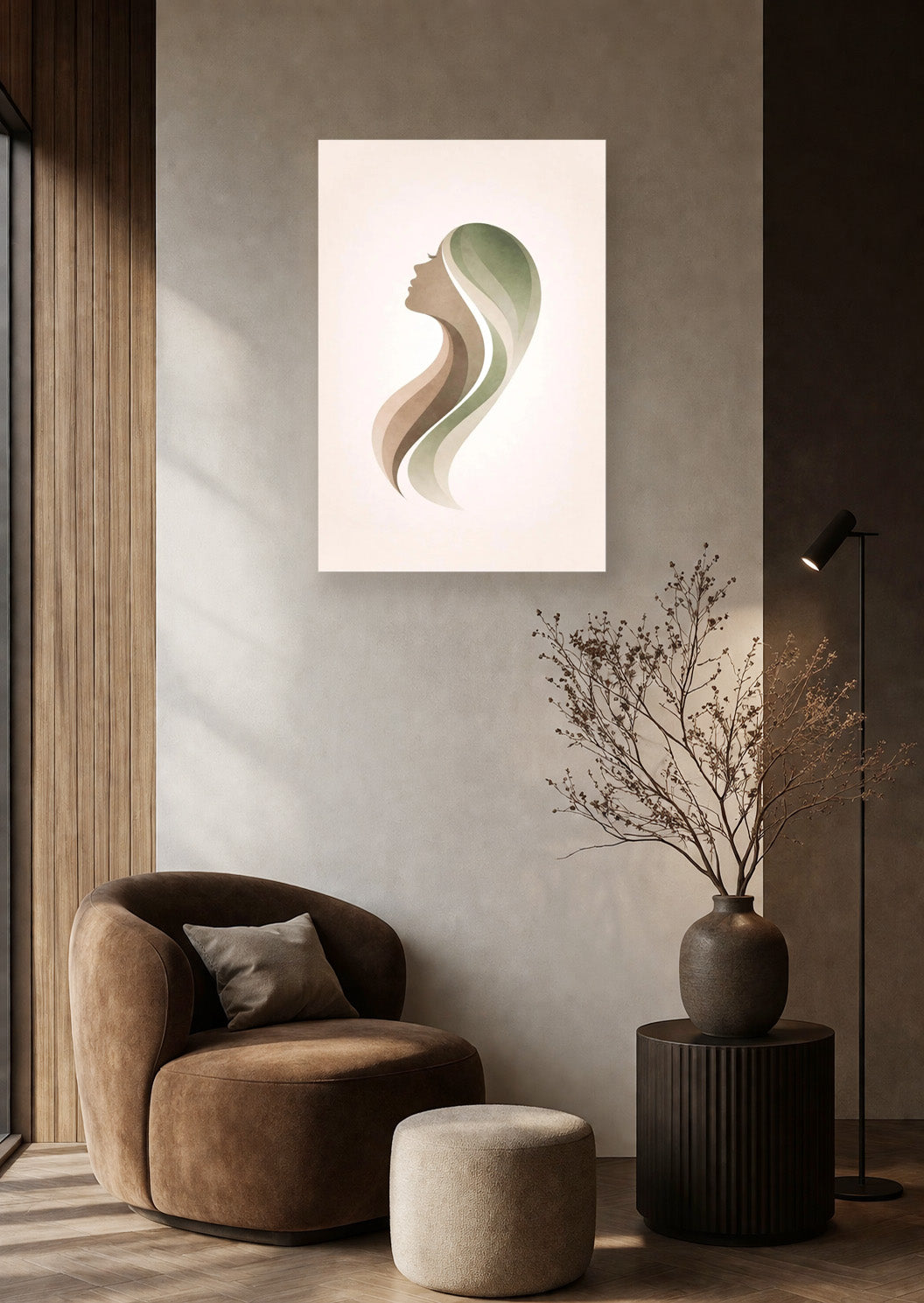 Elegant reading nook mockup with minimalist female silhouette canvas art above brown accent chair, ceramic decor and warm neutral interior design.