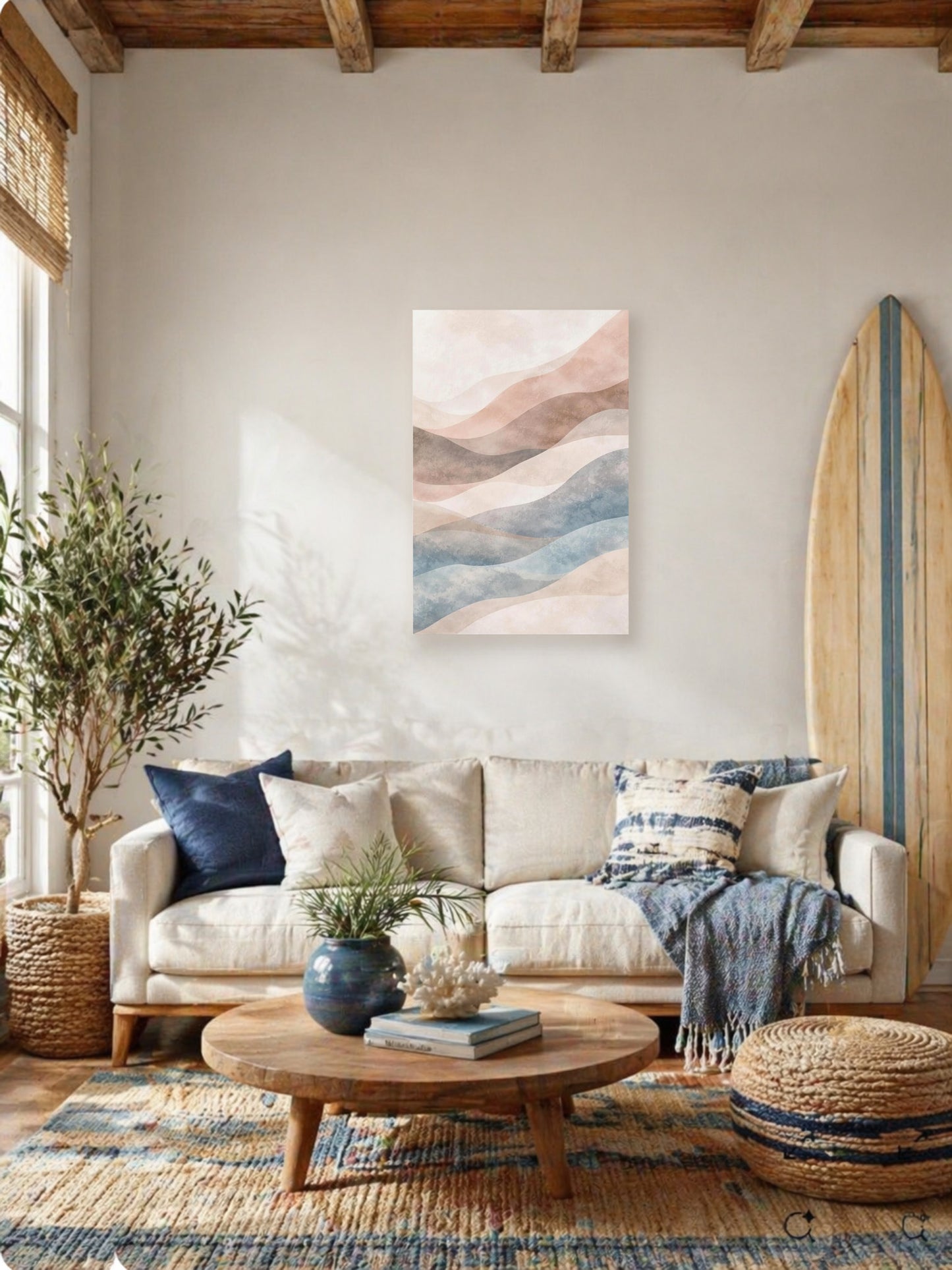 Cozy rustic bedroom with wooden bed, blue accent pillows, natural textures and framed pastel abstract canvas wall art above the bed.