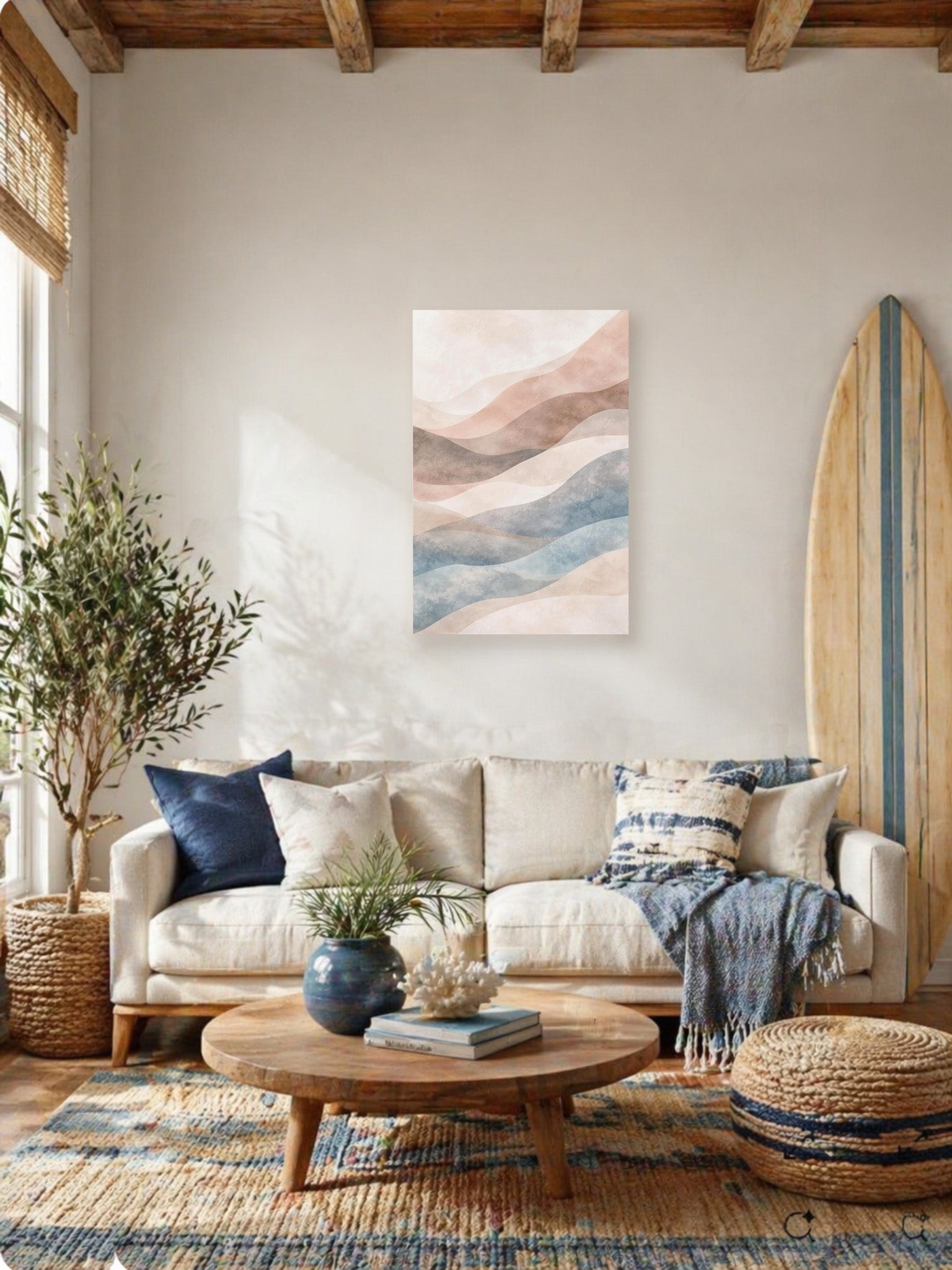 Cozy rustic bedroom with wooden bed, blue accent pillows, natural textures and framed pastel abstract canvas wall art above the bed.