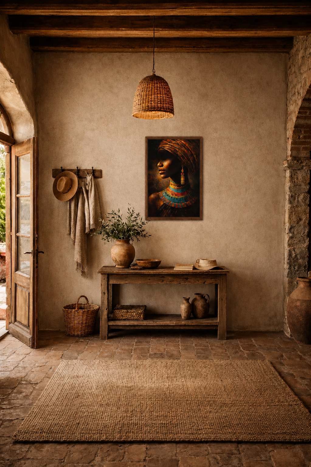 Framed cultural portrait wall art in a rustic Mediterranean entryway with wooden console table, woven pendant light, terracotta decor and textured beige walls.
