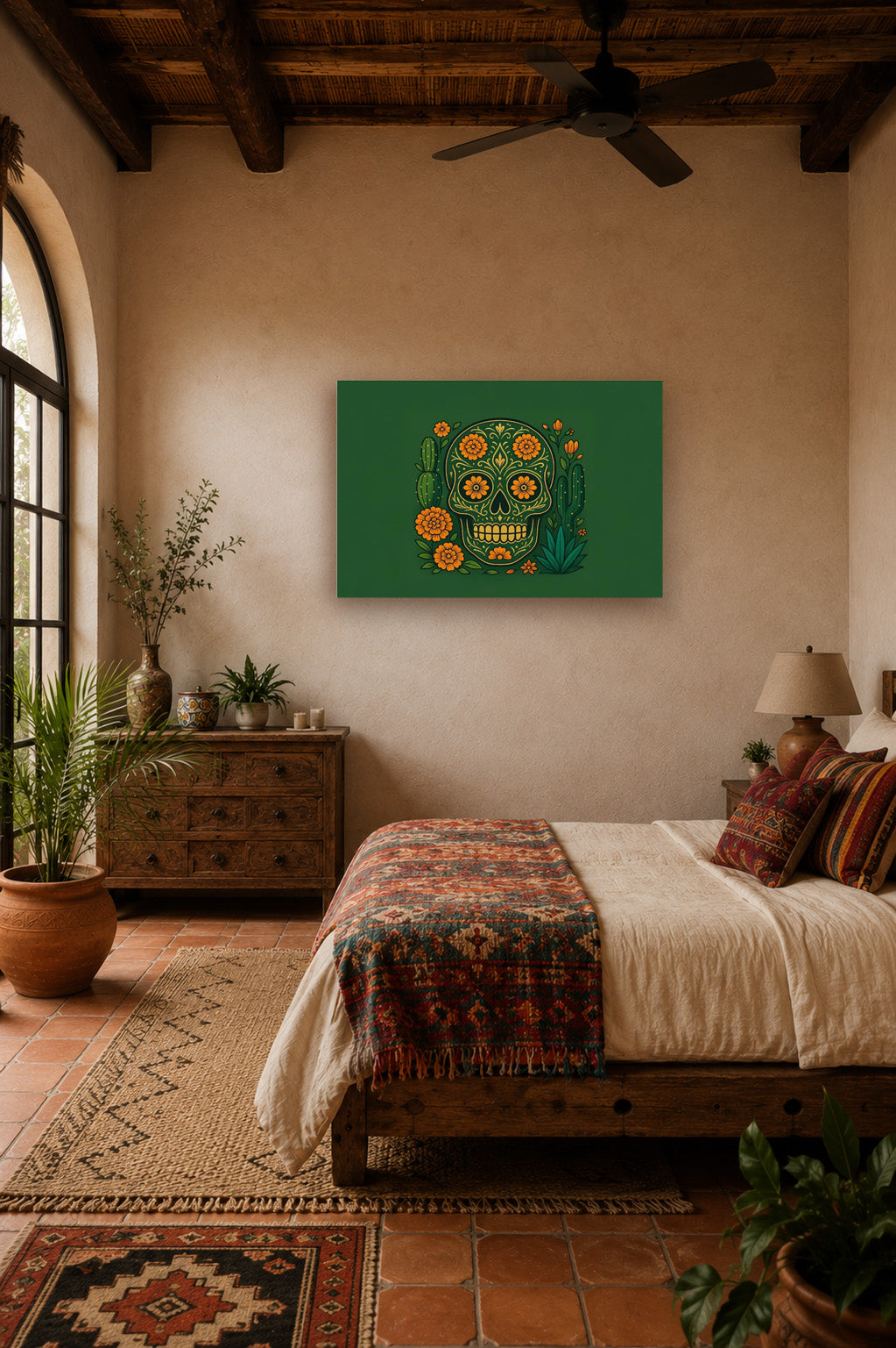 Rustic Mexican bedroom interior with terracotta floor tiles, wooden furniture and green sugar skull poster above the bed.