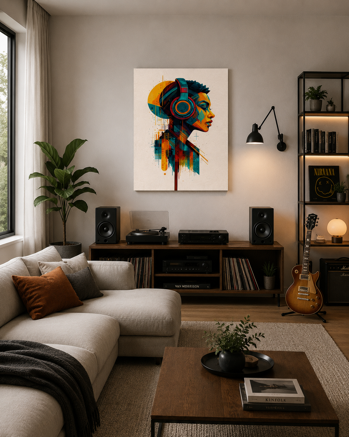 Modern headphones canvas print showcased above a media console in a bright Scandinavian-style living room with neutral furniture and warm accents.