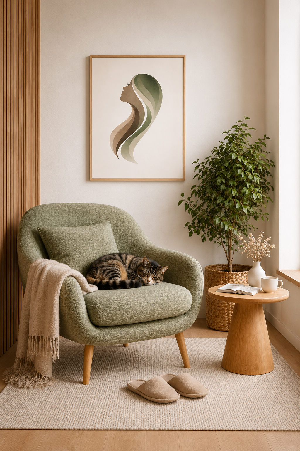 Minimalist woman canvas wall art with light wood frame displayed in cozy Scandinavian reading corner with green armchair, cat and wooden side table.