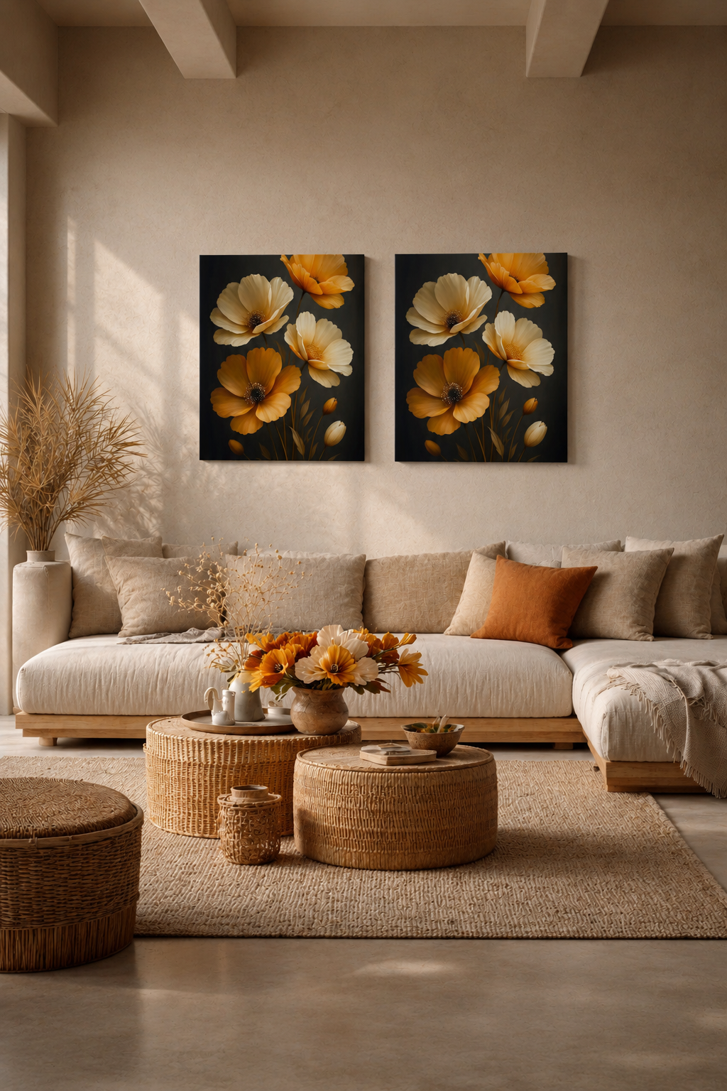 Set of two floral canvas wall art prints above beige sofa in warm minimalist living room with rattan decor and neutral interior styling