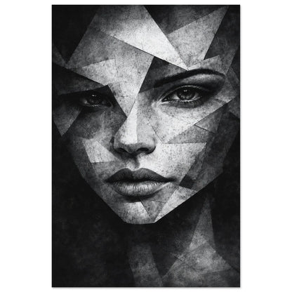 Shattered Grace geometric portrait wall art poster with a face fragmented into angular planes in black, white and gray