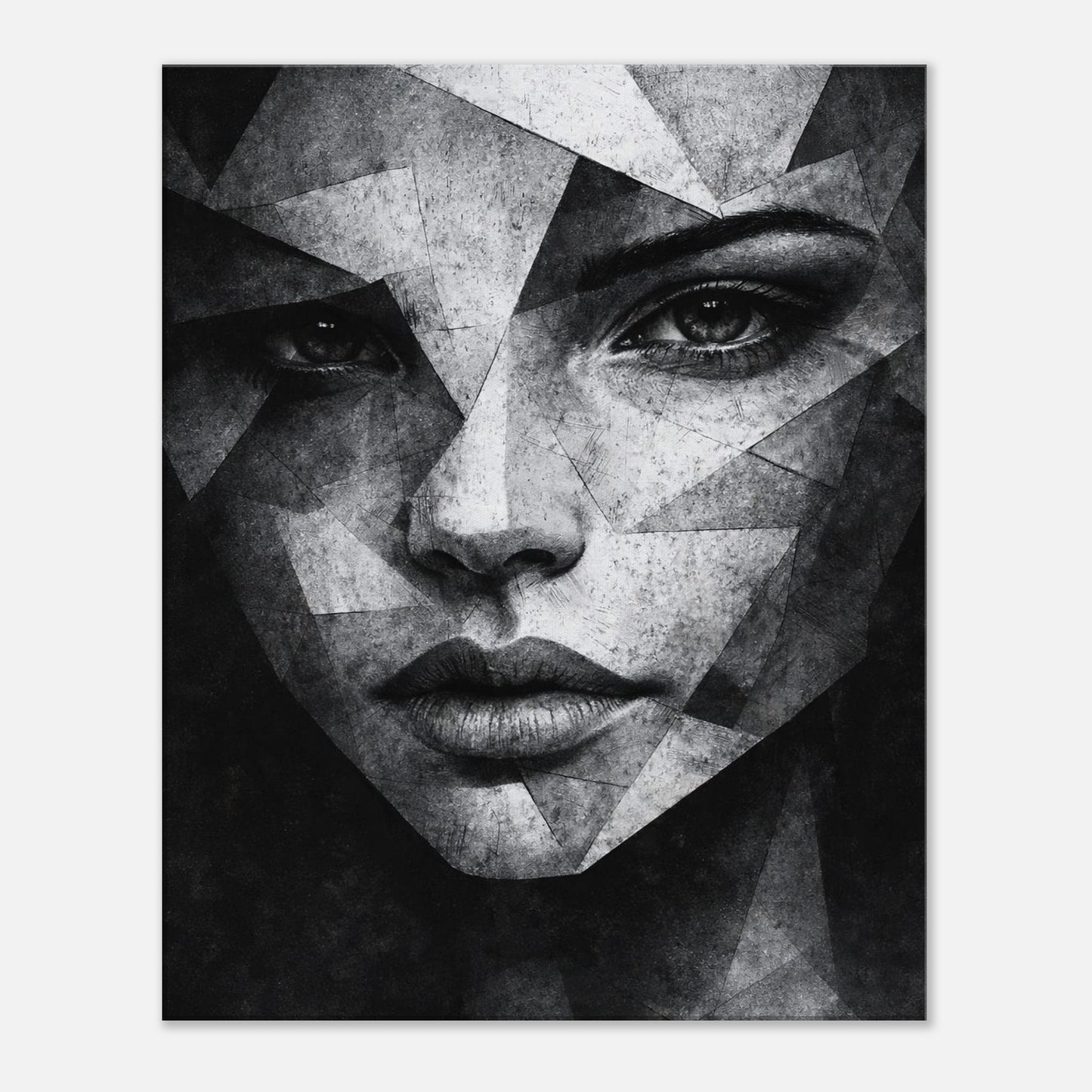 Abstract geometric woman portrait canvas art in black and white, modern minimalist wall decor