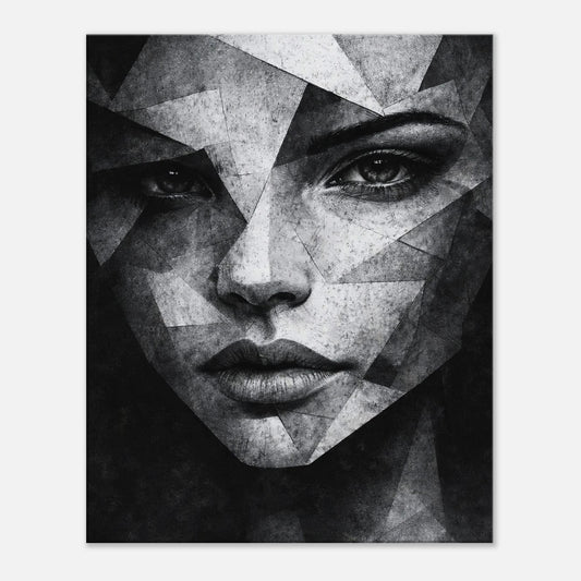 Abstract geometric woman portrait canvas art in black and white, modern minimalist wall decor