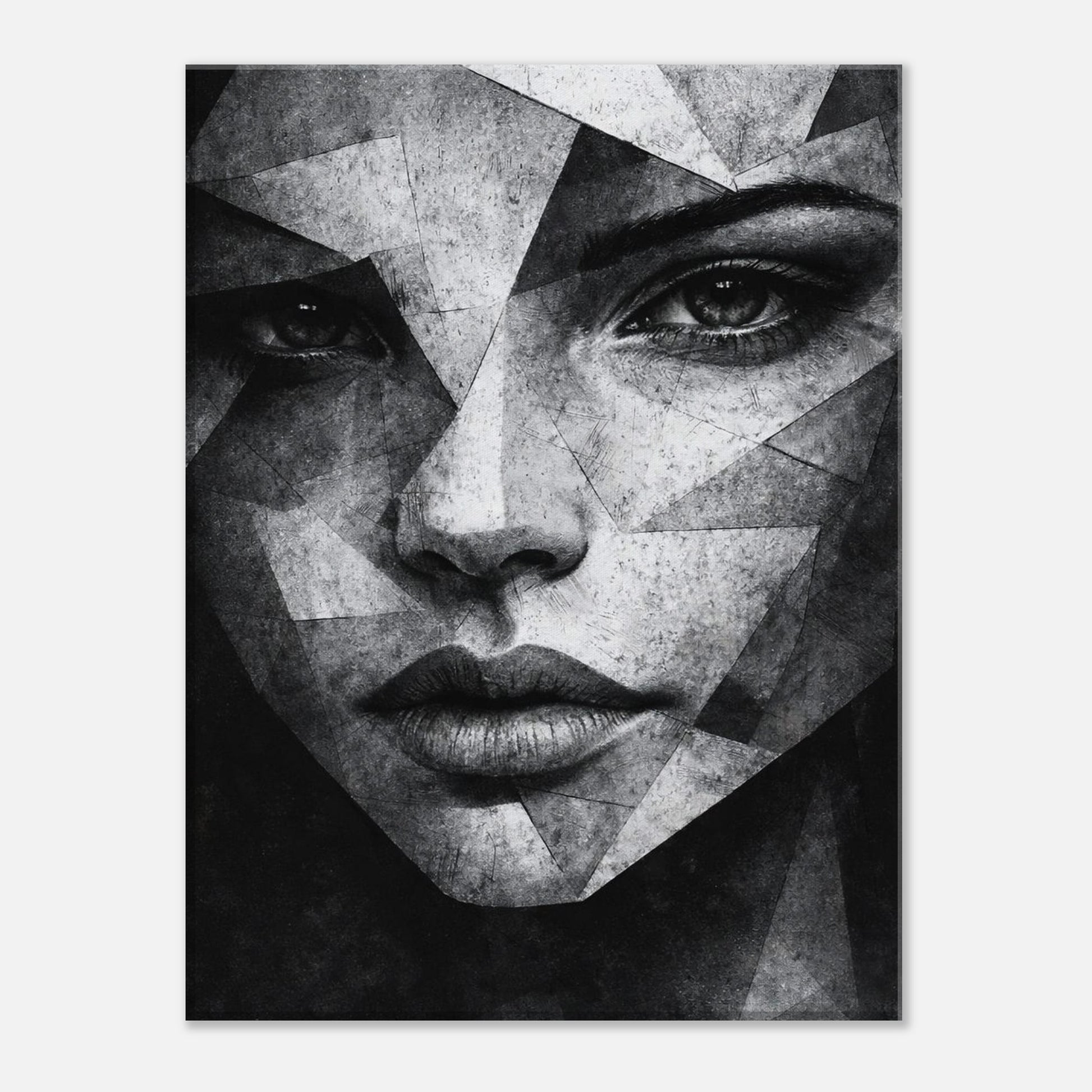 Monochrome abstract female face with fragmented geometric shapes, contemporary canvas wall art