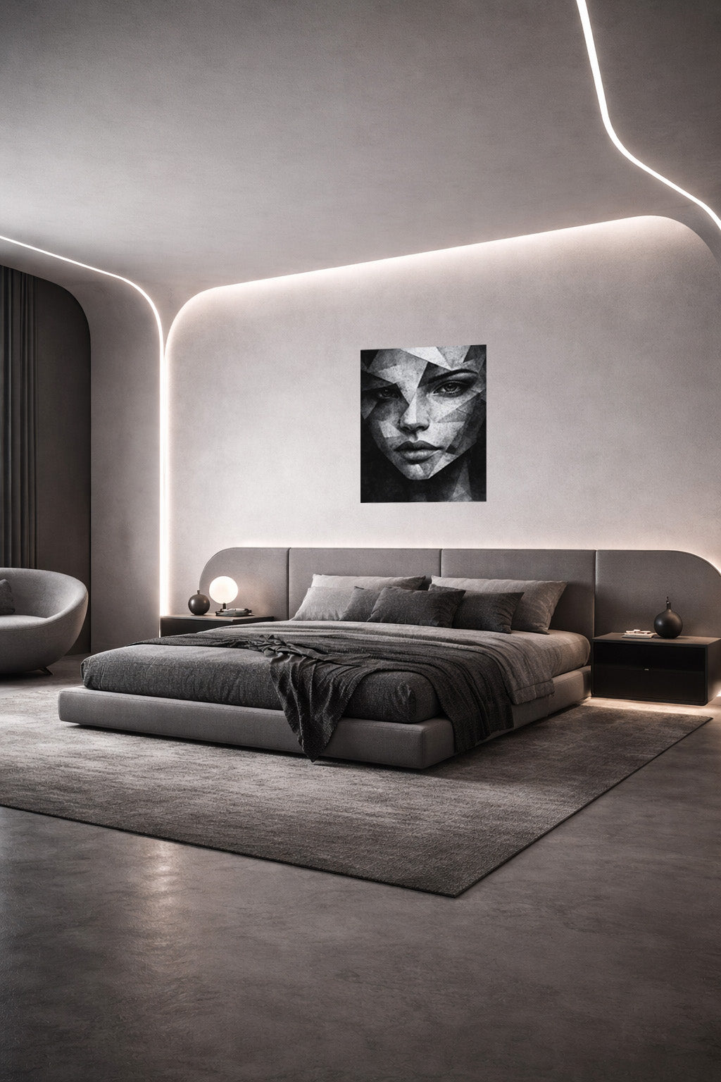Abstract geometric portrait wall art placed in a sleek modern bedroom interior