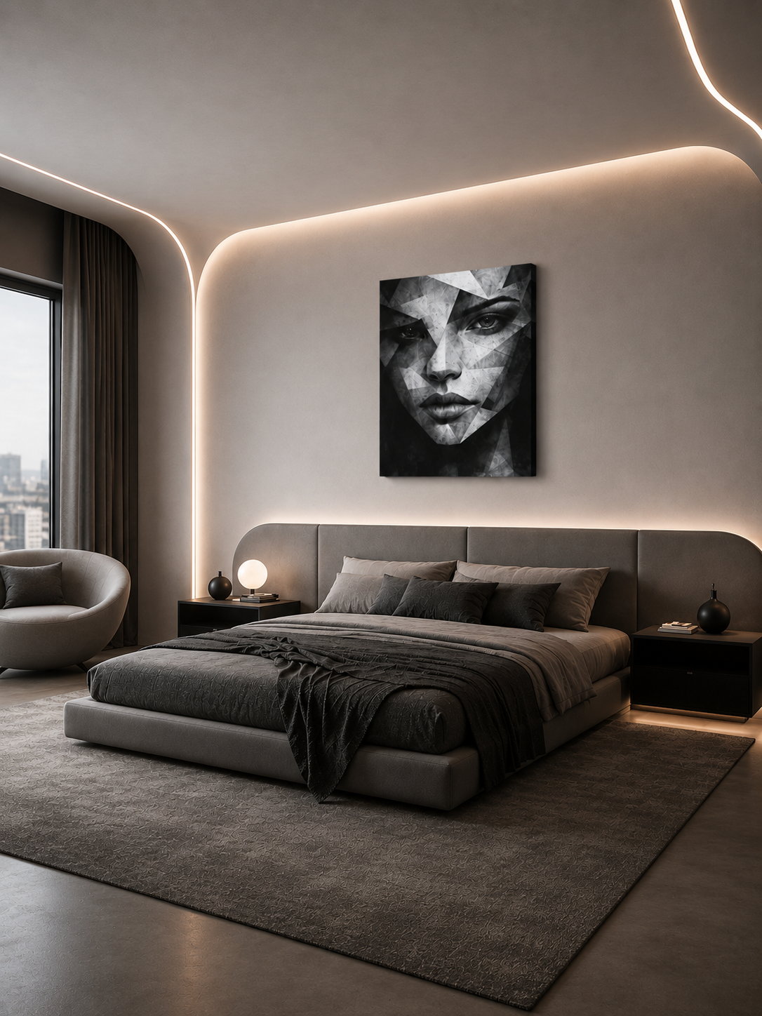Modern monochrome portrait canvas above a luxury bed in a contemporary bedroom with soft LED lighting