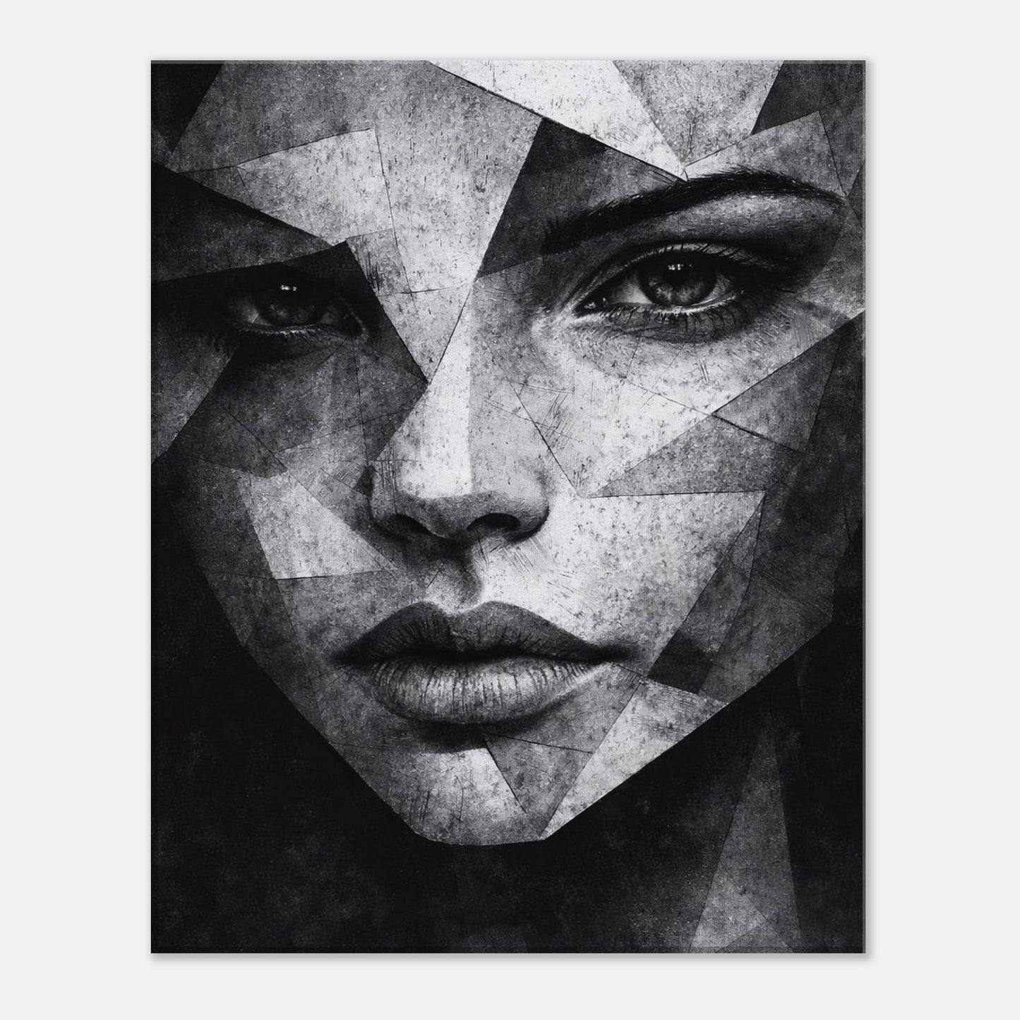 Geometric abstract face artwork exploring strength and fragility, modern wall art canvas