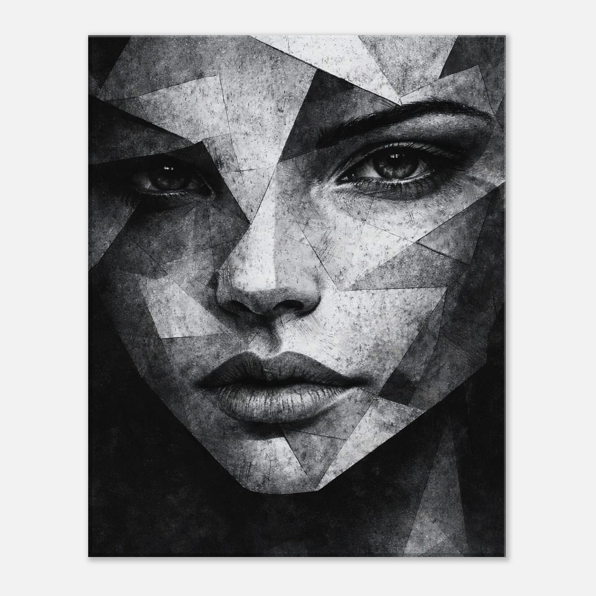 Geometric abstract face artwork exploring strength and fragility, modern wall art canvas