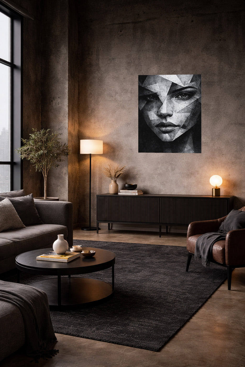 Abstract geometric portrait wall art styled in a dark contemporary living room