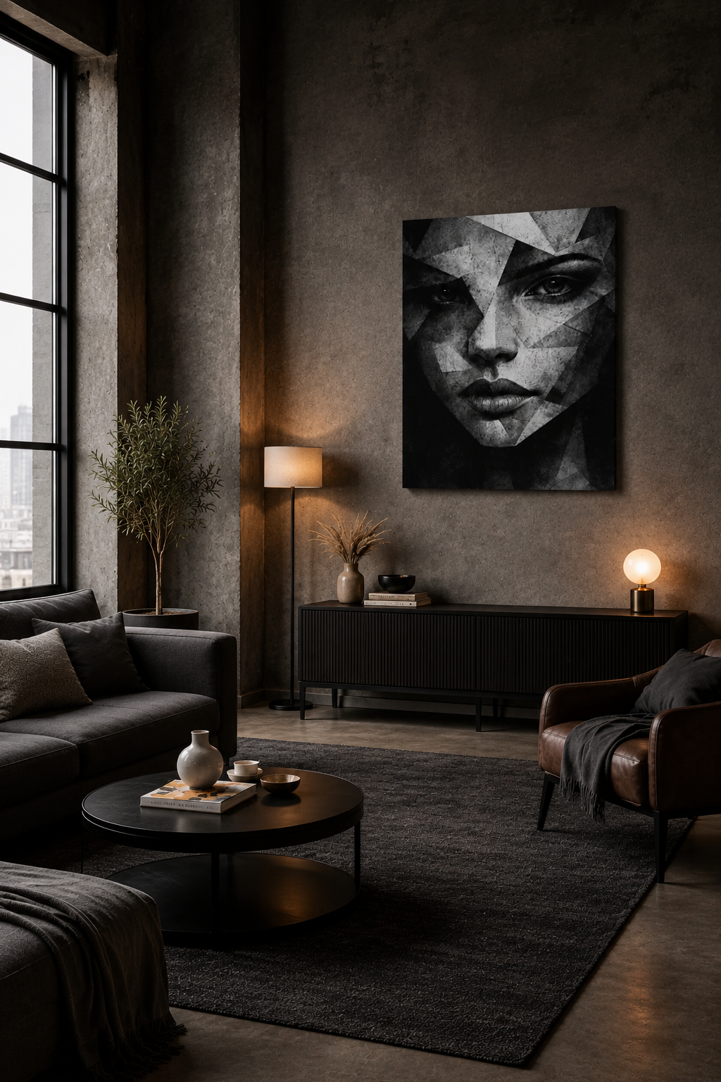 Black and white geometric portrait canvas in a dark industrial living room with warm lighting and modern furniture