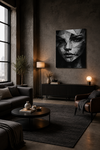 Black and white geometric portrait canvas in a dark industrial living room with warm lighting and modern furniture