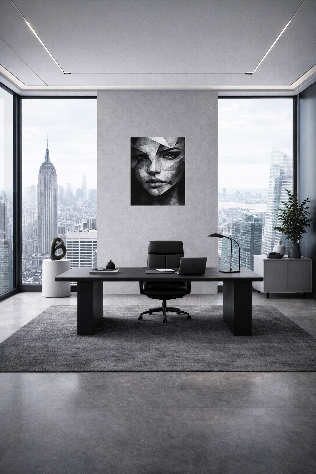 Abstract geometric portrait wall art displayed in a contemporary high-rise office interior