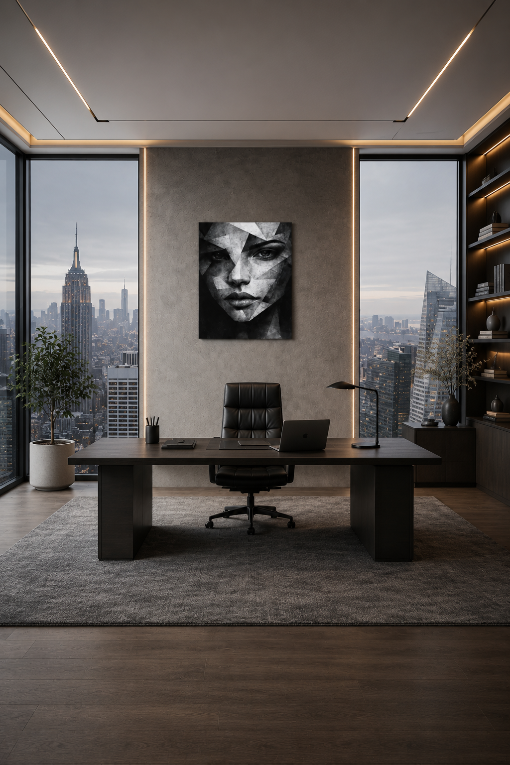 Black and white geometric portrait canvas in a modern executive office with city skyline views