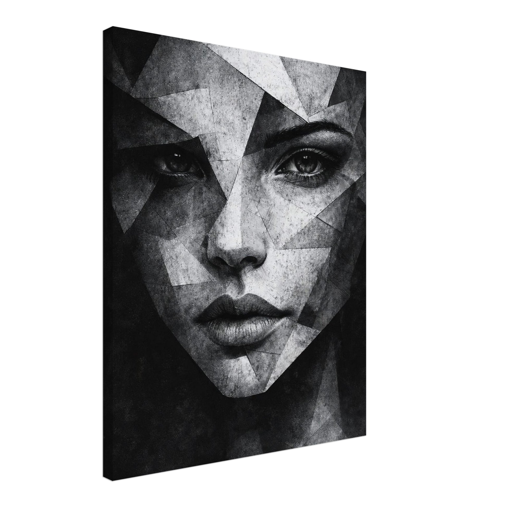 Minimalist black and white abstract portrait canvas with sharp geometric forms