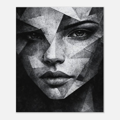 The fragmented planes spreading outward from the cheek into the dark background