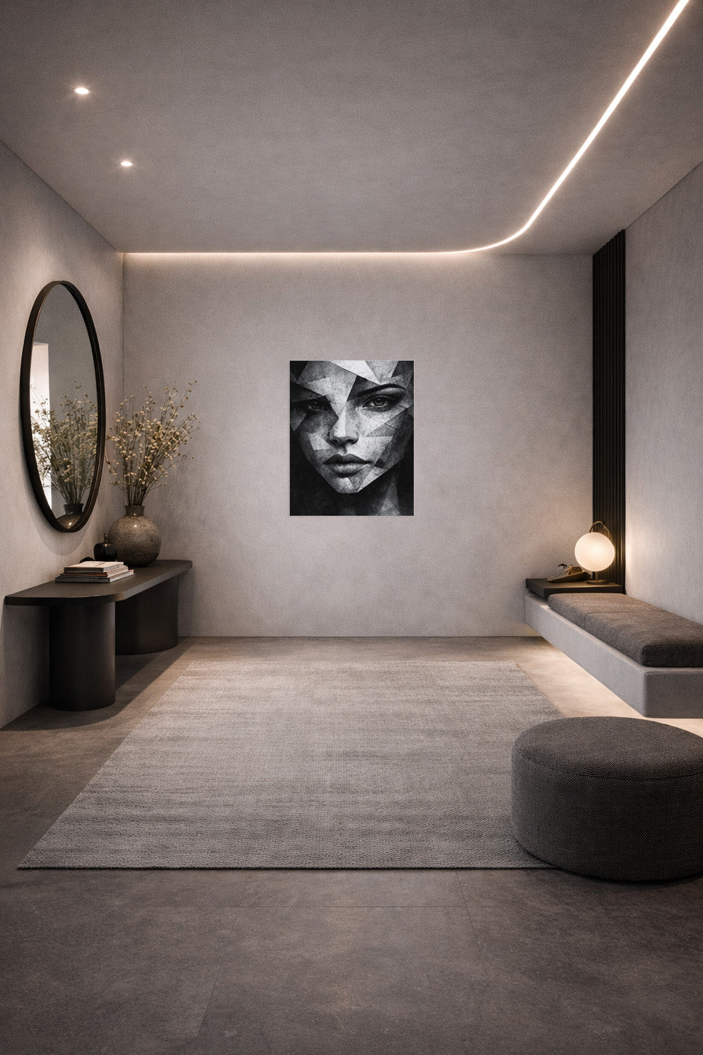 Modern abstract geometric portrait displayed in a minimalist hallway interior