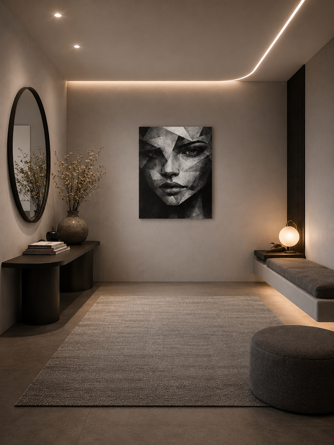 Black and white face canvas displayed in a minimalist hallway with ambient LED lighting and neutral decor