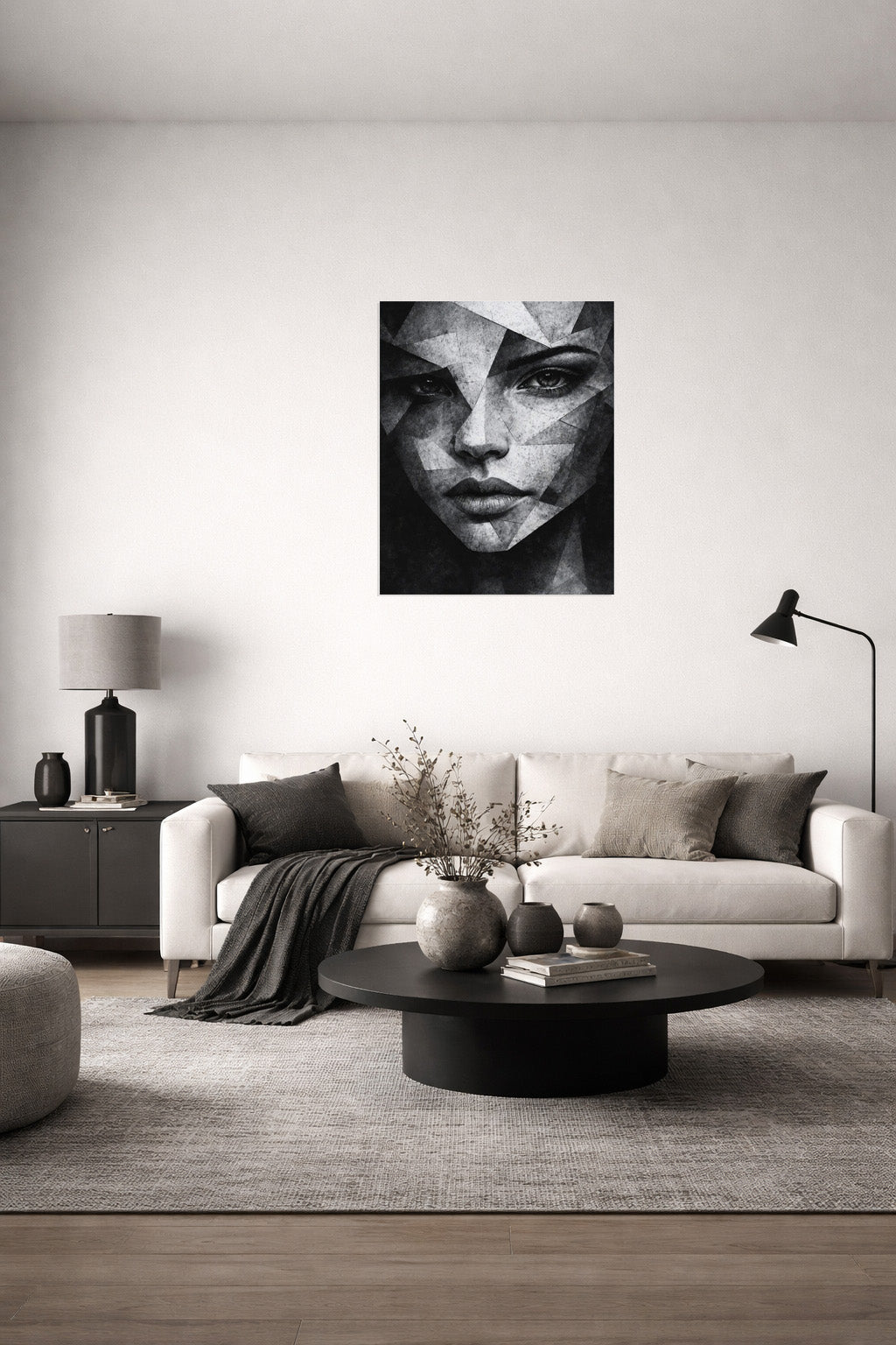 Monochrome abstract portrait wall art styled in a modern minimalist living room