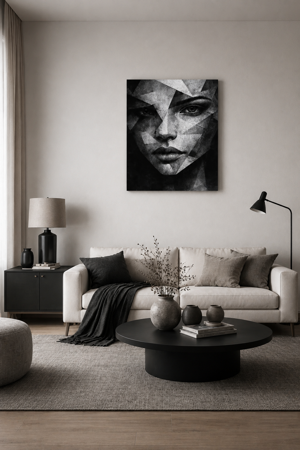 Modern monochrome portrait canvas above a luxury bed in a contemporary bedroom with soft LED lighting