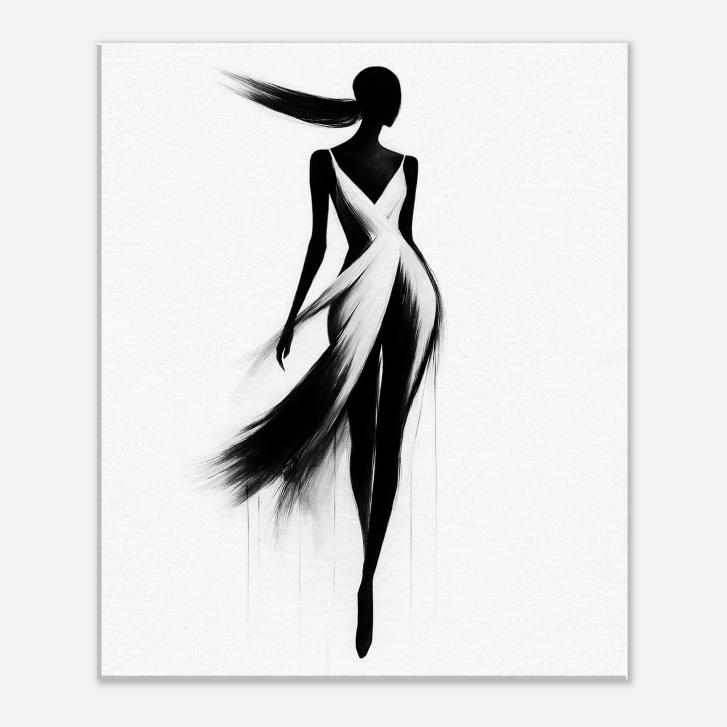 Contemporary black and white artwork featuring an elongated female silhouette with soft flowing lines