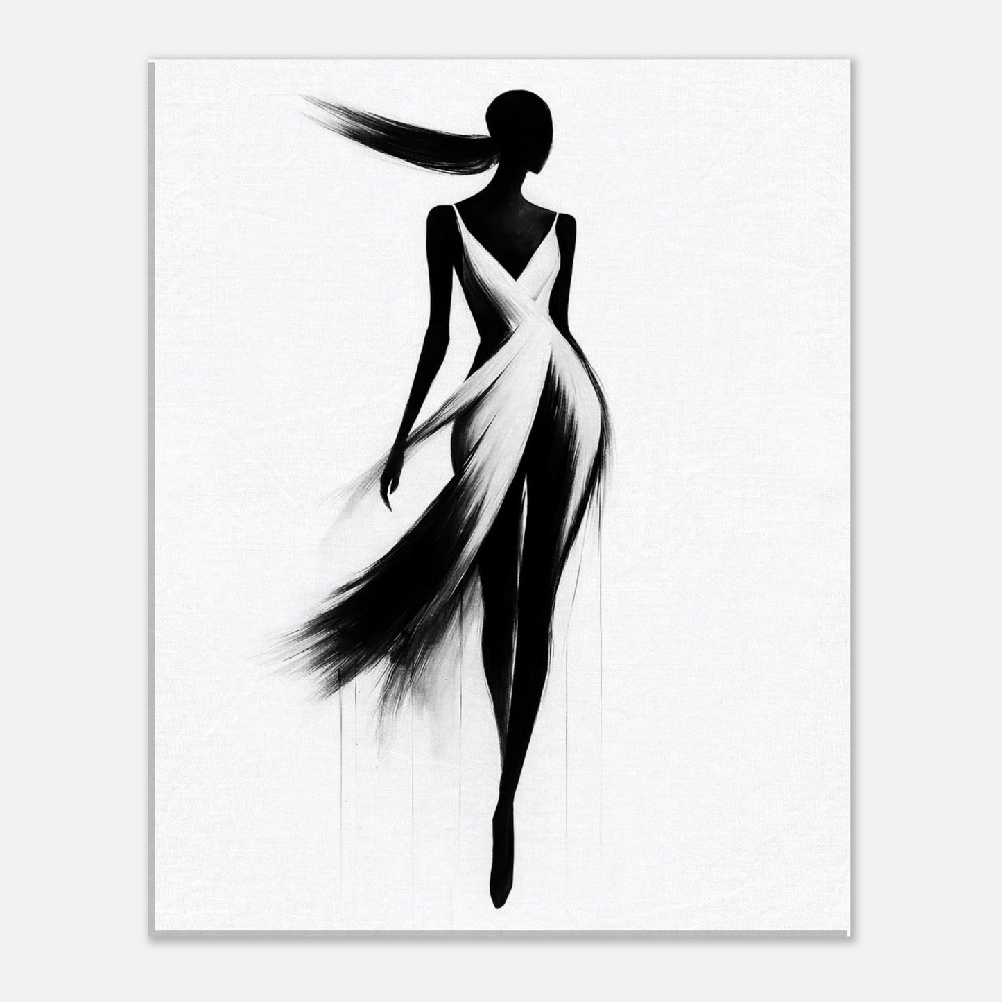 Modern monochrome wall art showing a flowing female figure in a minimalist fashion-inspired style