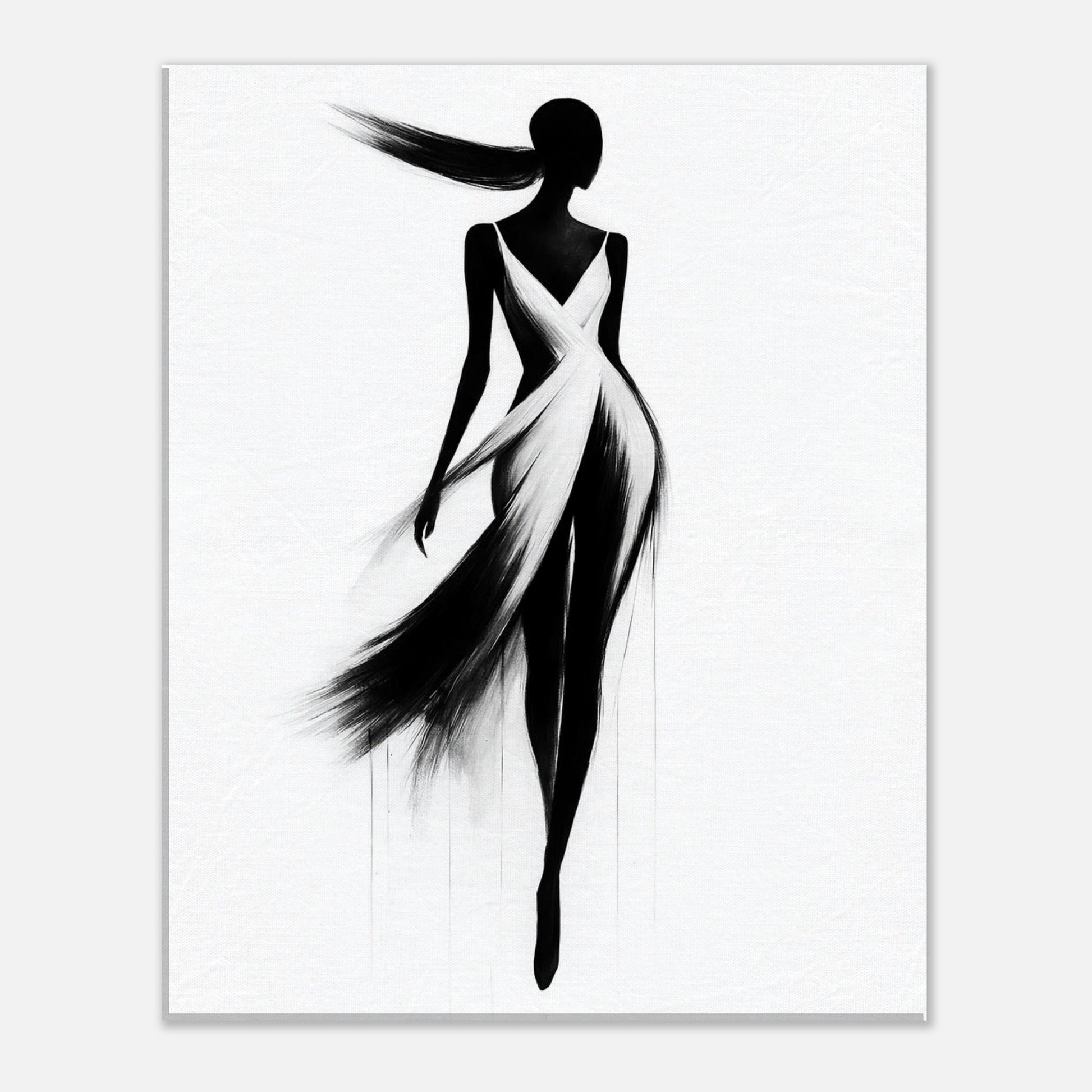 Modern monochrome wall art showing a flowing female figure in a minimalist fashion-inspired style