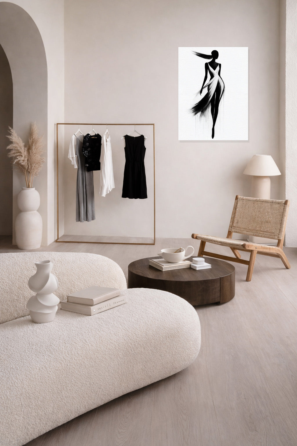 Contemporary interior showcasing Silent Grace minimalist black and white artwork in an architectural setting