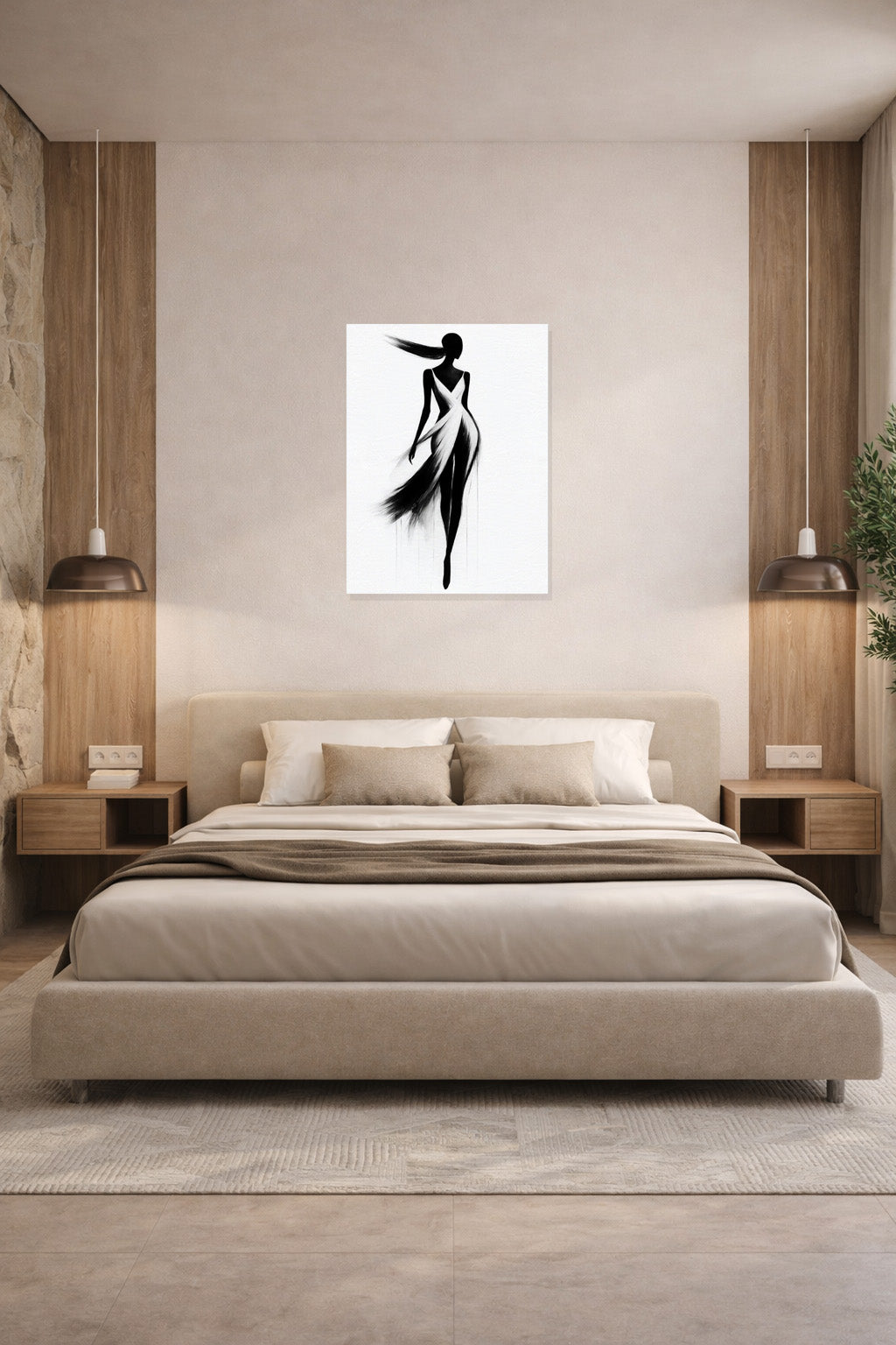 Minimalist living room interior featuring Silent Grace black and white figure artwork with soft ambient lighting