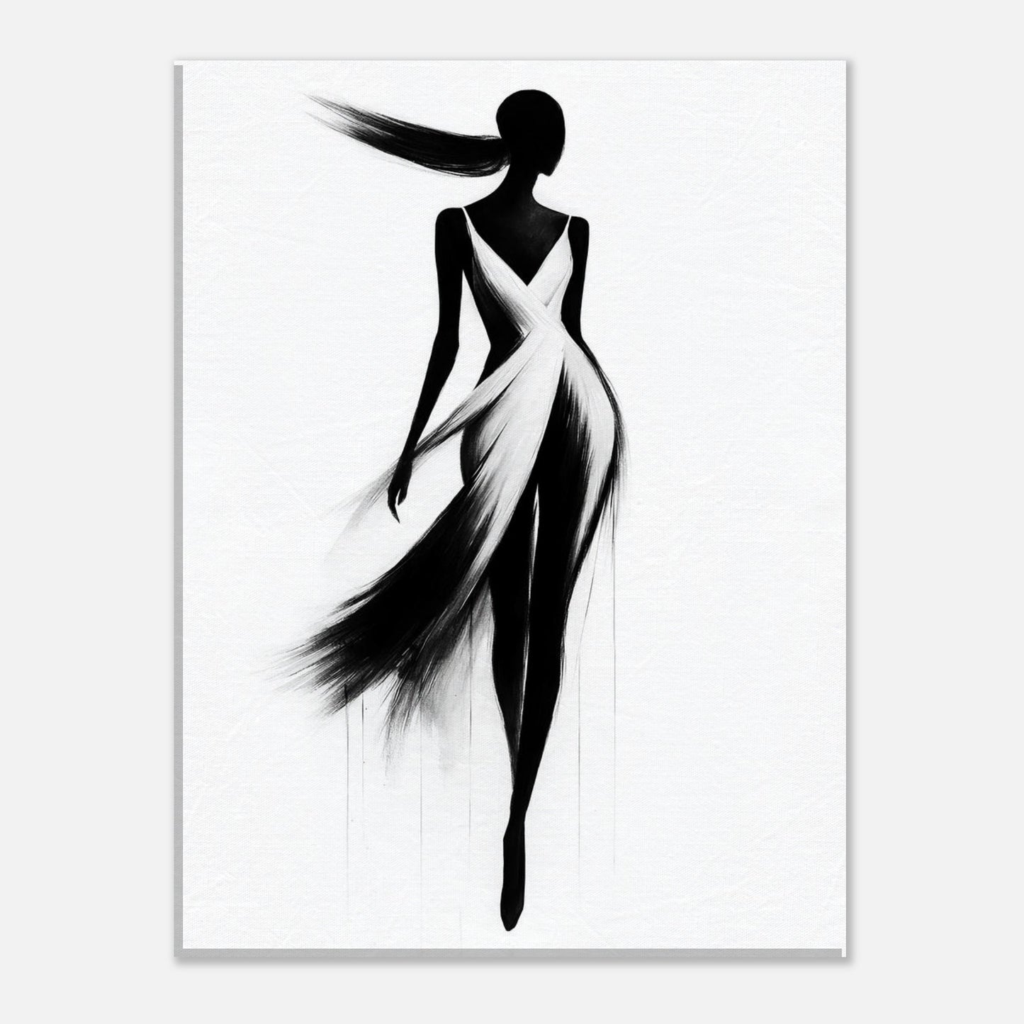 Minimalist black and white poster featuring an elegant female silhouette created with expressive brush strokes on a white background