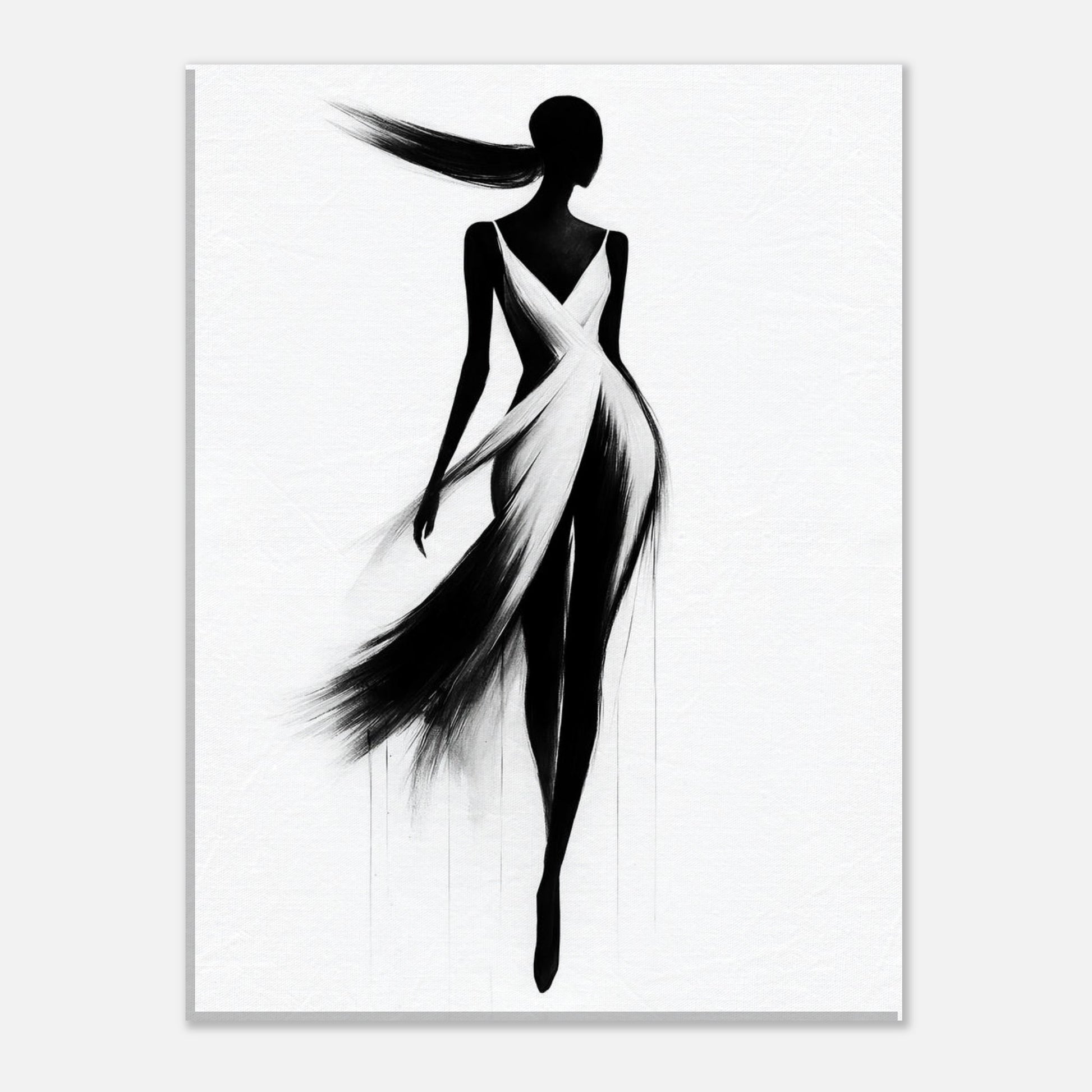 Minimalist black and white poster featuring an elegant female silhouette created with expressive brush strokes on a white background