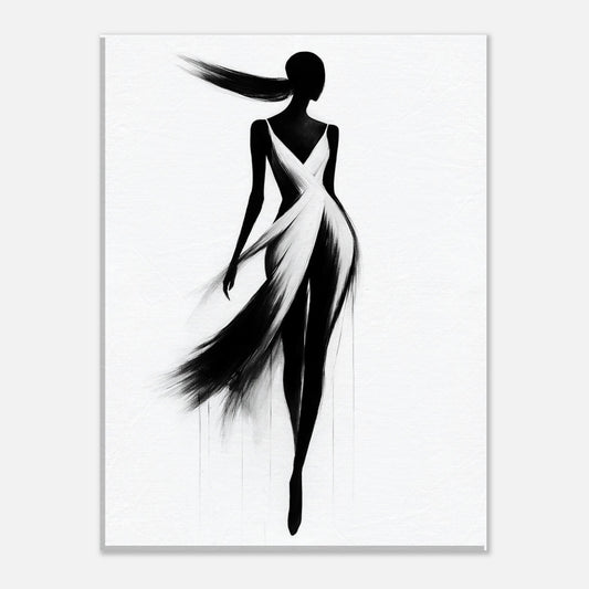 Minimalist black and white poster featuring an elegant female silhouette created with expressive brush strokes on a white background