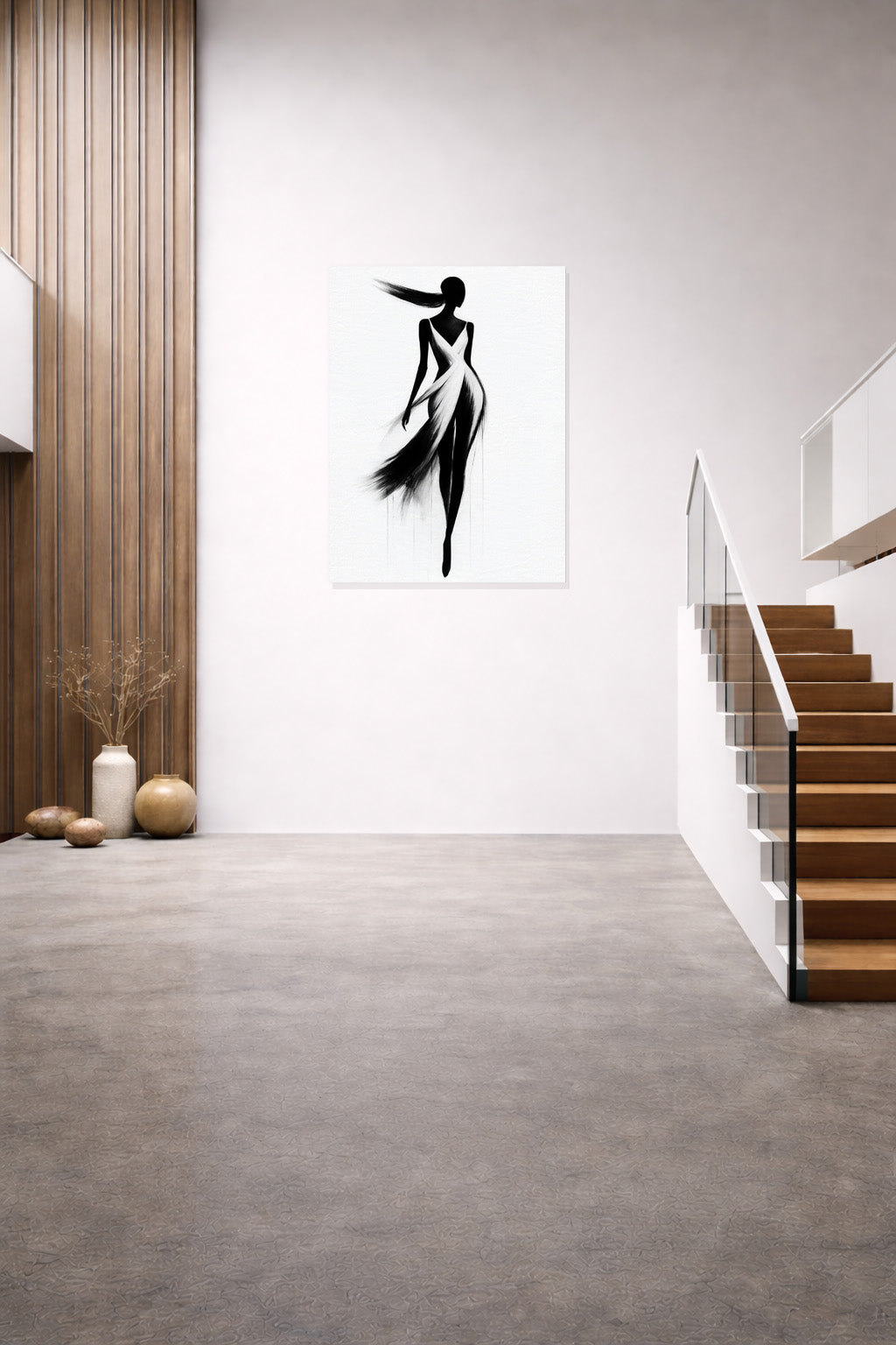 Modern bedroom interior styled with Silent Grace minimalist female figure wall art above the bed