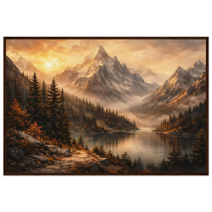 Silent Horizon framed print in a dark wooden frame showing pine forests along the lakeshore