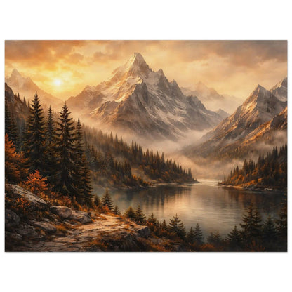 Silent Horizon poster in warm gold, brown and soft grey tones with reflections on still water