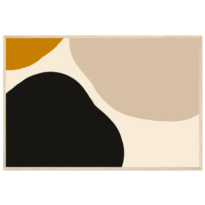 Framed print in a light wood frame showing the black organic form and ocher accent