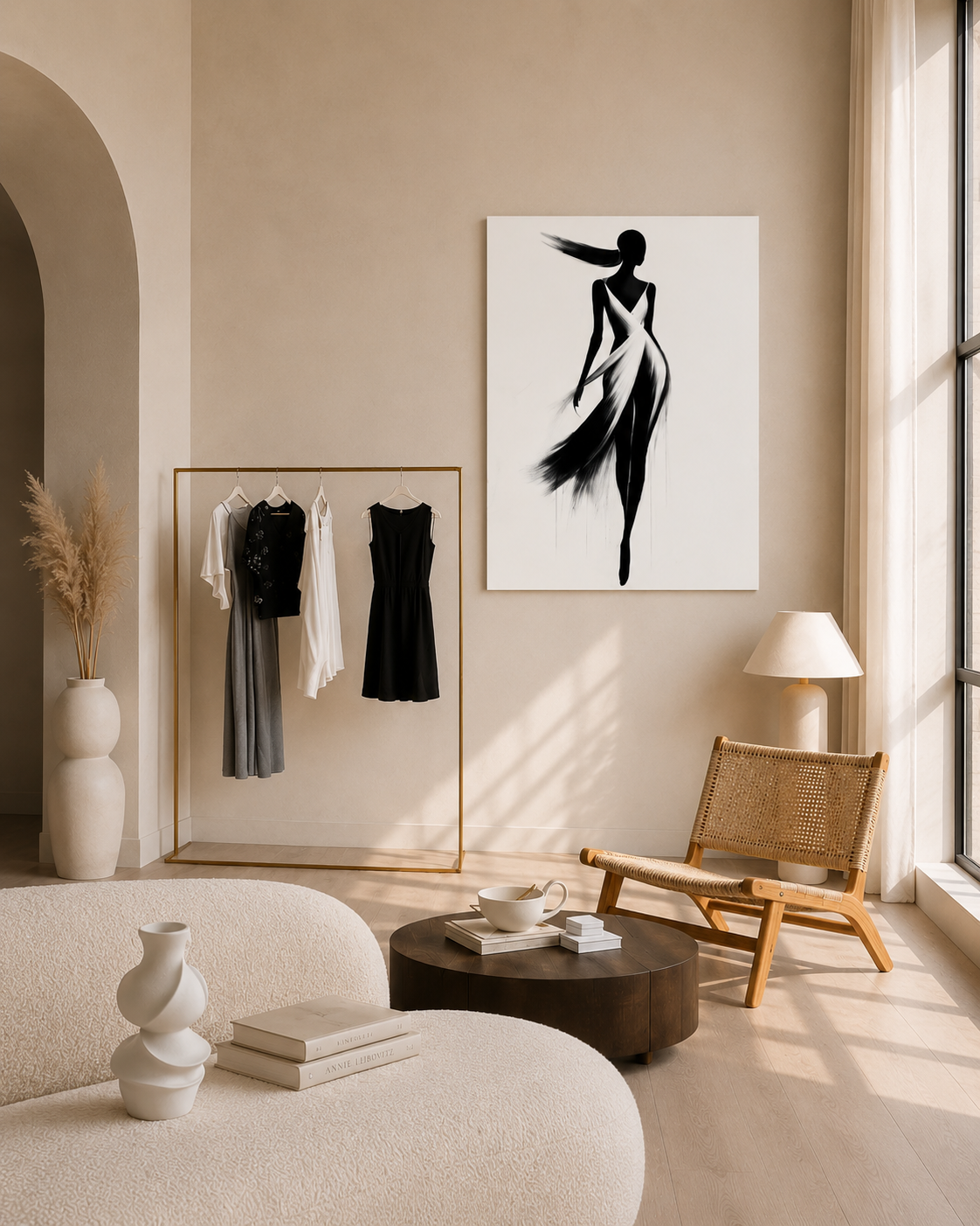Minimal black and white fashion print styled in a bright beige lounge with mirror and designer chair.